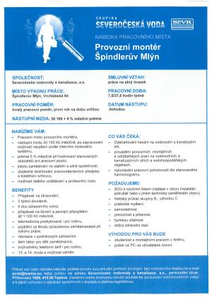 Pracovní nabídka - SČVK Špindlerův Mlýn - Provozní montér 1